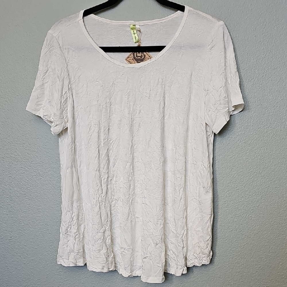 Citron Bleu White Textured Crinkle Casual Short Sleeve Top Medium